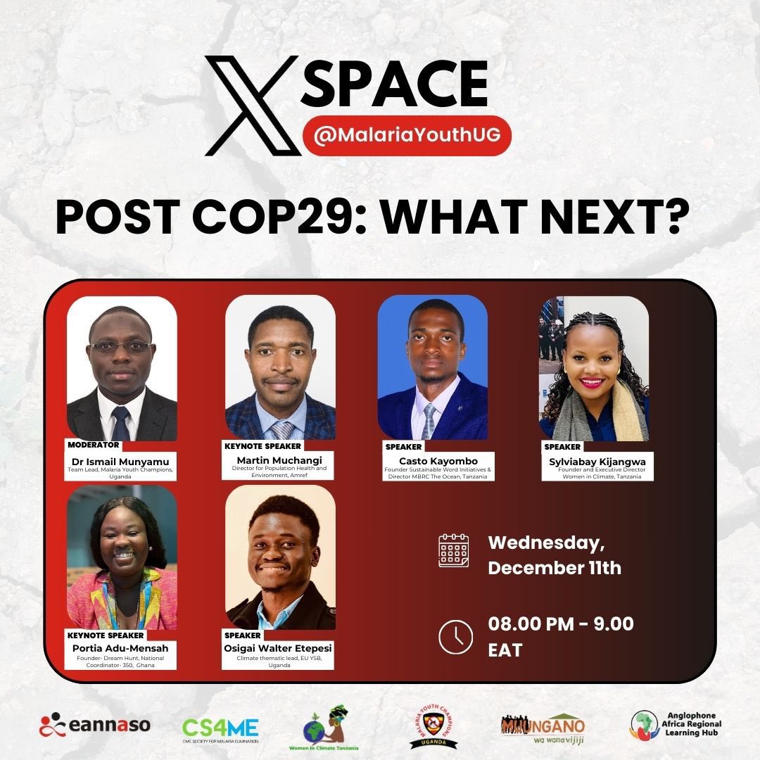 MalariaYouthUG's tweet photo. 1/3 🚨 Join the Conversation! 🚨

What’s next after #COP29? Let’s unpack the outcomes &amp; their impact on malaria, climate change, &amp; youth advocacy! 🌍

📅 Date: Wednesday, December 11th
⏰ Time: 8:00 PM - 9:00 PM (EAT)
🎙️ Host: @MalariaYouthUG https://t.co/yZk7QC9zpJ