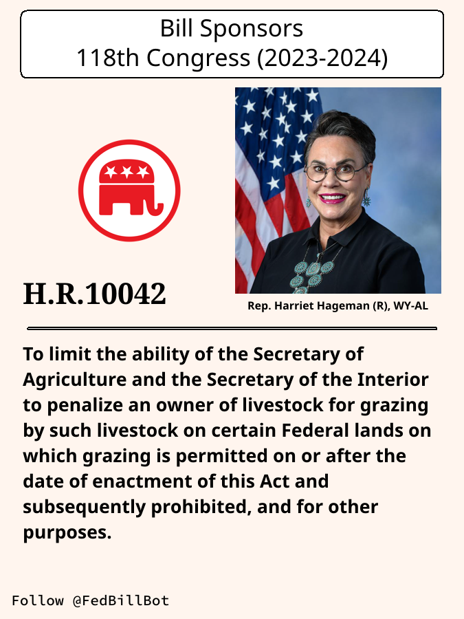 FedBillBot's tweet image. H.R.10042
PASTURES Act

SPONSOR: @RepHageman @HagemanforWY
№ CO-SPONSORS: 0

STATUS: Introduced

LATEST ACTION: House committee - 2024-11-04 Referred to the ...

#Republicans

congress.gov/bill/118th-con…