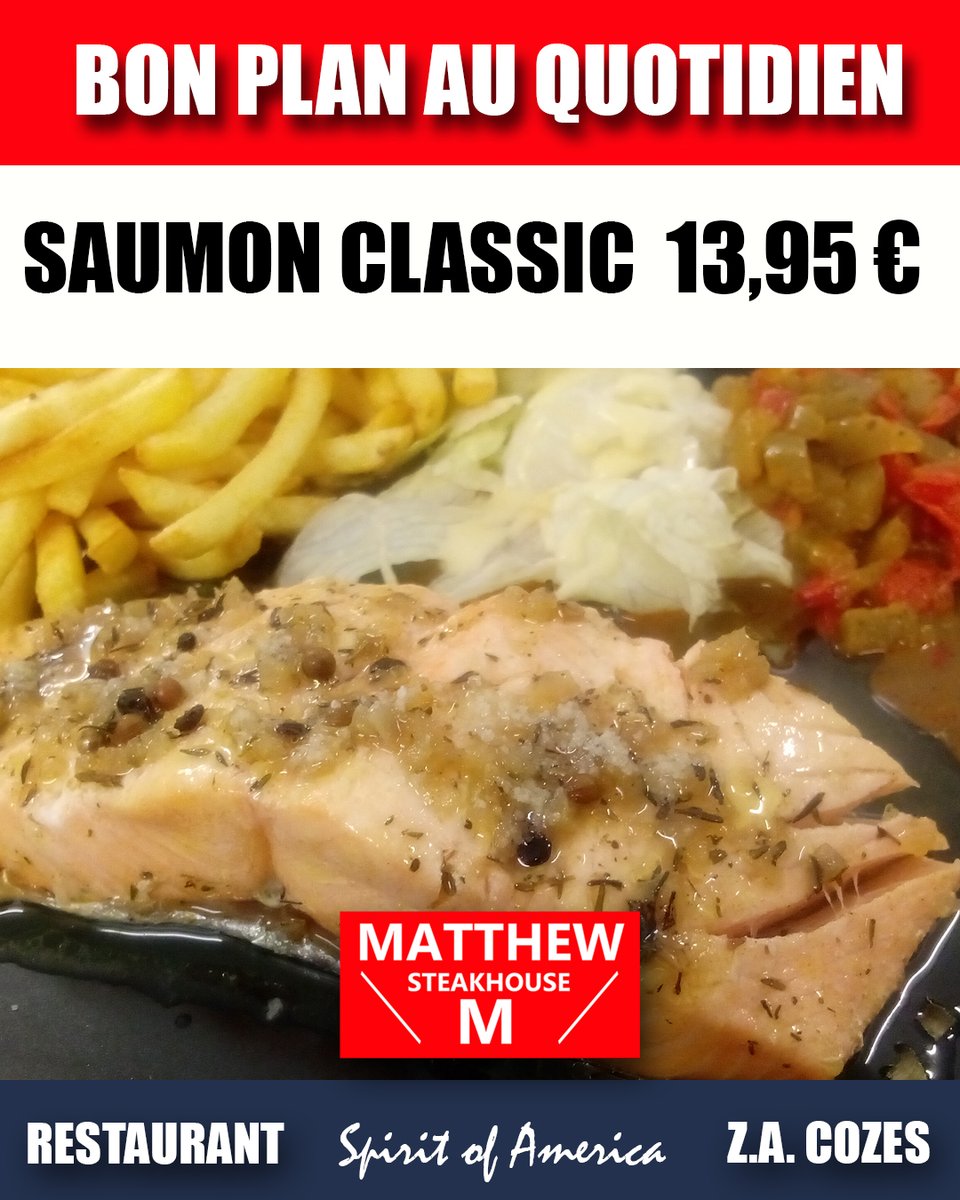 matthewsteakhou's tweet photo. BONPLAN AU QUOTIDIEN
Saumon Classic 13,95 €
au restaurant MATTHEW STEAKHOUSE 

#restaurant #cozes #royan #matthewsteakhouse #matthew #steakhouse #Foodie #foodlover #deliciousfood #styleus #usa #manger #royanatlantique #charentemaritime #restaurants #menu #midi #saumon #BonPlan https://t.co/HjA2EBUE1J