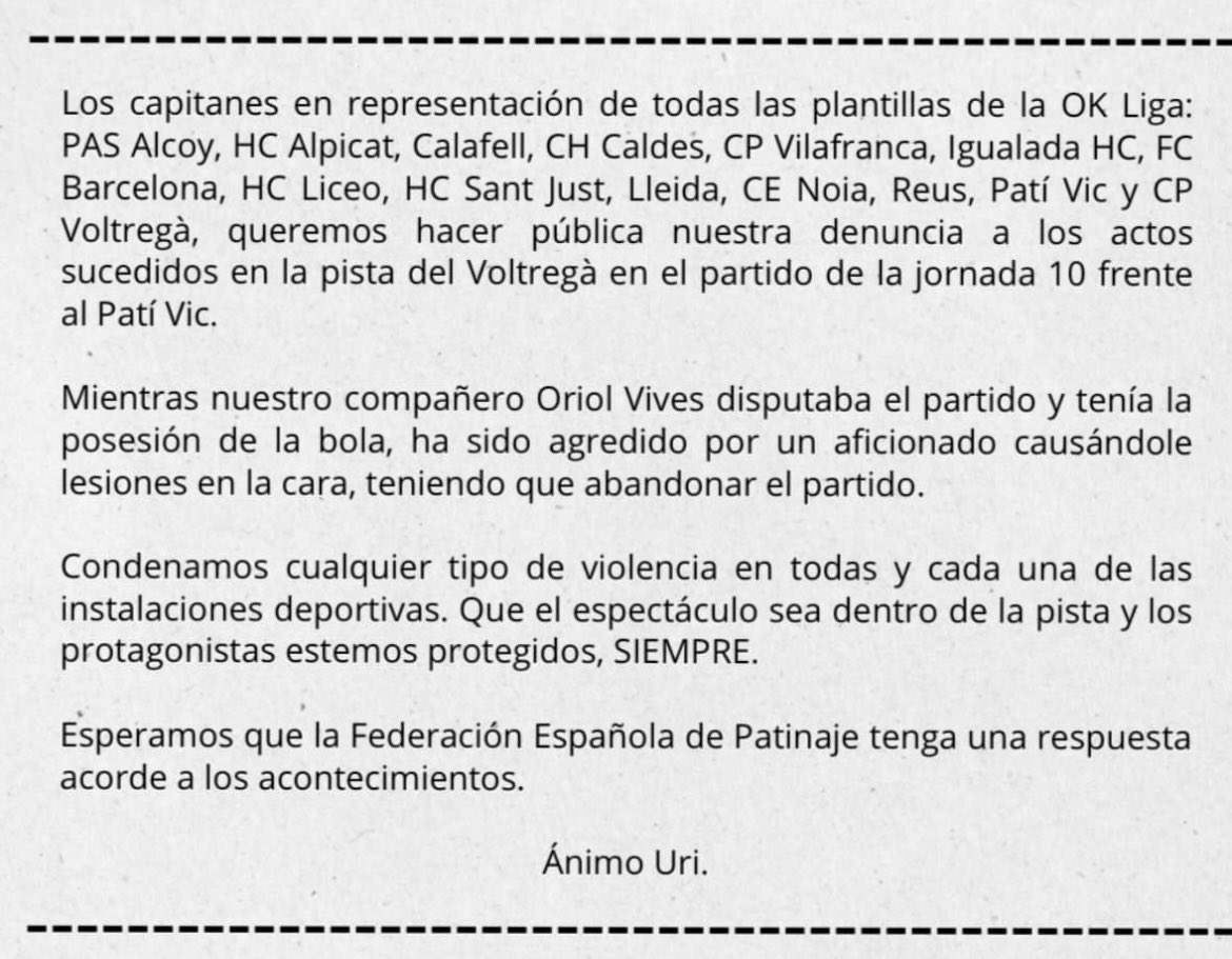 hockeyglobal's tweet image. Comunicado oficial de TODOS los capitanes de la @okliga_oficial en relación al incidente sucedido ayer en el @cpvoltrega 🆚 @VicHoqueiClub 

NO A LA VIOLENCIA EN EL DEPORTE O CUALQUIER OTRO ÁMBITO.