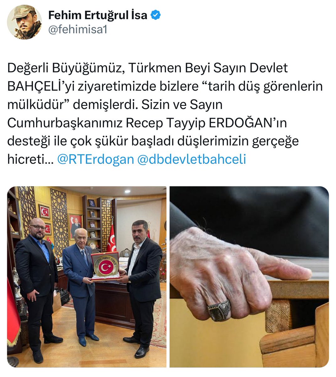 Değerli Türkmen lideri <a href="/fehimisa1/">Fehim Ertuğrul İsa</a> 🫡
<a href="/dbdevletbahceli/">Devlet Bahçeli</a> <a href="/RTErdogan/">Recep Tayyip Erdoğan</a>