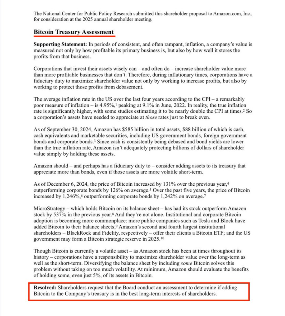 BitcoinArchive's tweet image. Amazon Shareholder Statement requesting the Board consider buying #Bitcoin as a treasury reserve asset.

Bitcoin Treasury Assessment

Supporting Statement:
In periods of consistent, and often rampant, inflation, a company’s value is measured not only by how profitable its primary…