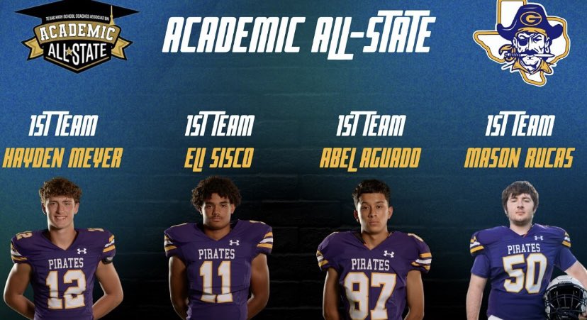 Grateful and blessed to be named 1st Academic All State! Shoutout to my fellow teammates that achieved this honor. <a href="/coachAllison11/">Bobby Allison</a> <a href="/EP_Mindset/">Michael Johnson</a> <a href="/GranburyFB/">Granbury Pirate Football</a>