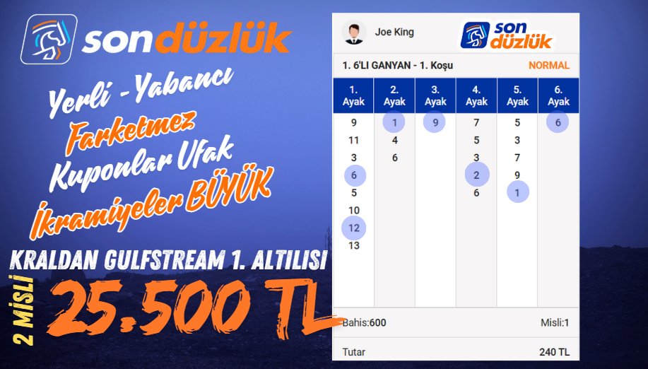 KRAL yine yaptı yapacağını... 
Dün Aqueduct 1.Altılıyı 235 liraya bulmuş 12.255 TL kazandırmıştı, bugün Gulfstream Park 1. Altıluyı 240 liraya buldu 2 misli 25.500 TL kazandırdı.
Bizim için Hipodrom farketmez yarış olsun yeter, 
her yerde tuttururuz...
Bizim için yarış yeni