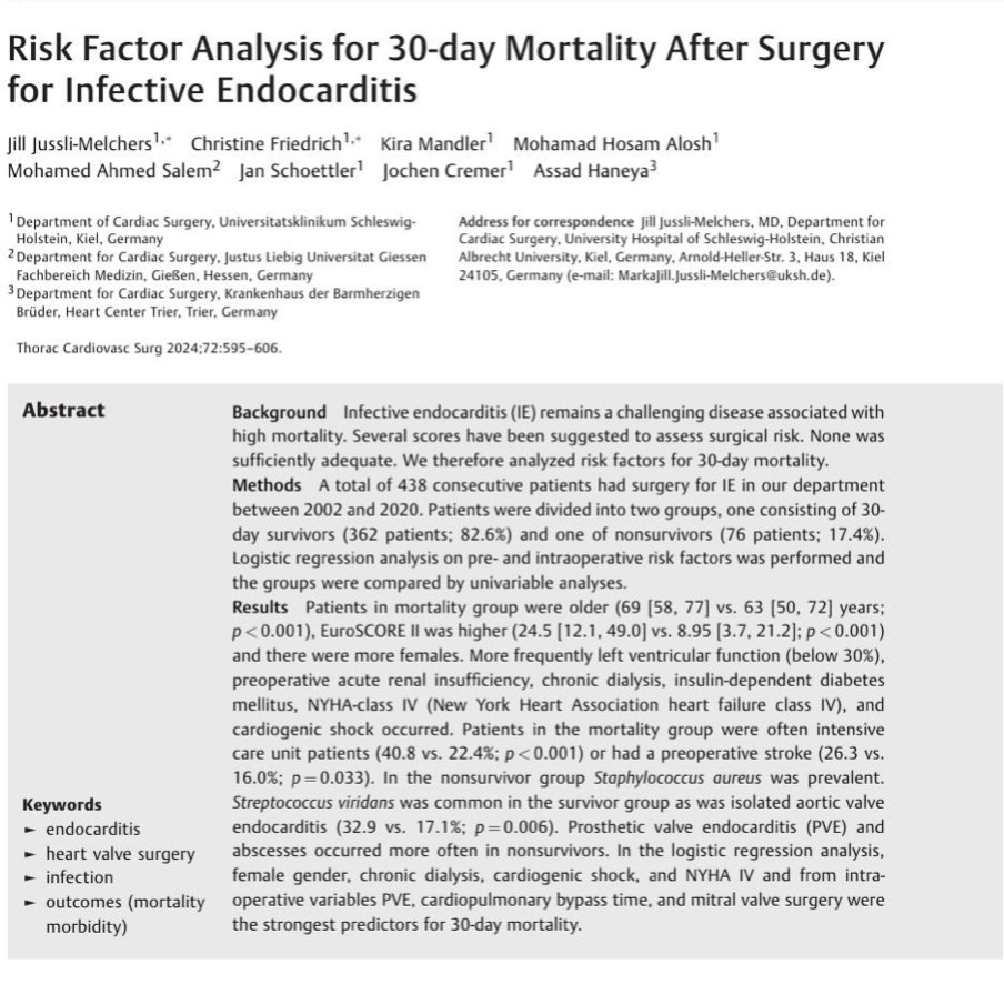 🫀 Infective Endocarditis Surgery

📊 30-day mortality: 17.4%
🔑 Risks: older age, 💔 cardiogenic shock, 🧪 chronic dialysis, NYHA IV, PVE, mitral valve surgery.

👩‍⚕️ Takeaway: Pre-op planning &amp; 🛑 extra care save lives!

See more: thieme-connect.de/products/ejour…