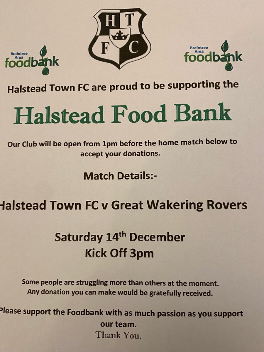 <a href="/HalsteadTownFC/">Halstead Town FC</a> are delighted to again be working with Braintree Area Food Bank to help give families in need, a much better Christmas. If you are coming to our Home match V <a href="/GWRovers/">Gt Wakering Rovers</a> this coming Saturday 14th Dec and would like to help, any donations will be greatfully received.