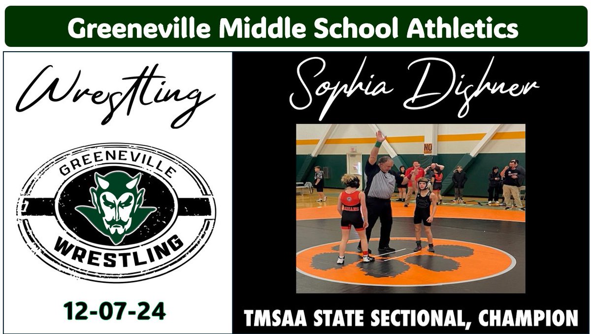 GMS Athletics, Wrestling
Congratulations to GMS Lady Devils Wrestler, Sophia Dishner as she finished 1st place at the TMSAA State Sectionals!
Sophia qualifies and will compete in the TMSAA State Championships on Saturday.
<a href="/GMS_greeneville/">Greeneville Middle School</a> <a href="/racheladamstn/">Dr. Rachel Adams</a> <a href="/CoachMcCall65/">Andy McCall</a> <a href="/JAYMANgms/">Jason Shelton</a>