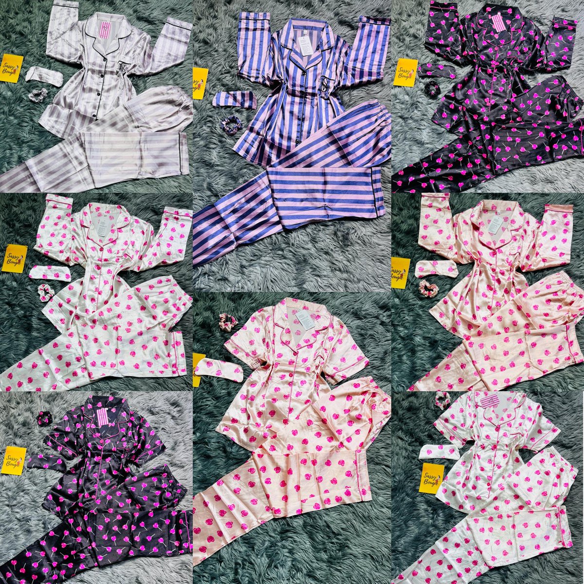4 pieces set Silk lounge wear 
Eye patch 
Hair band / ruffle 
Ice silk 2 pcs set 
Sizes:medium, large, X-Large 2xlarge 
Price: 20,000