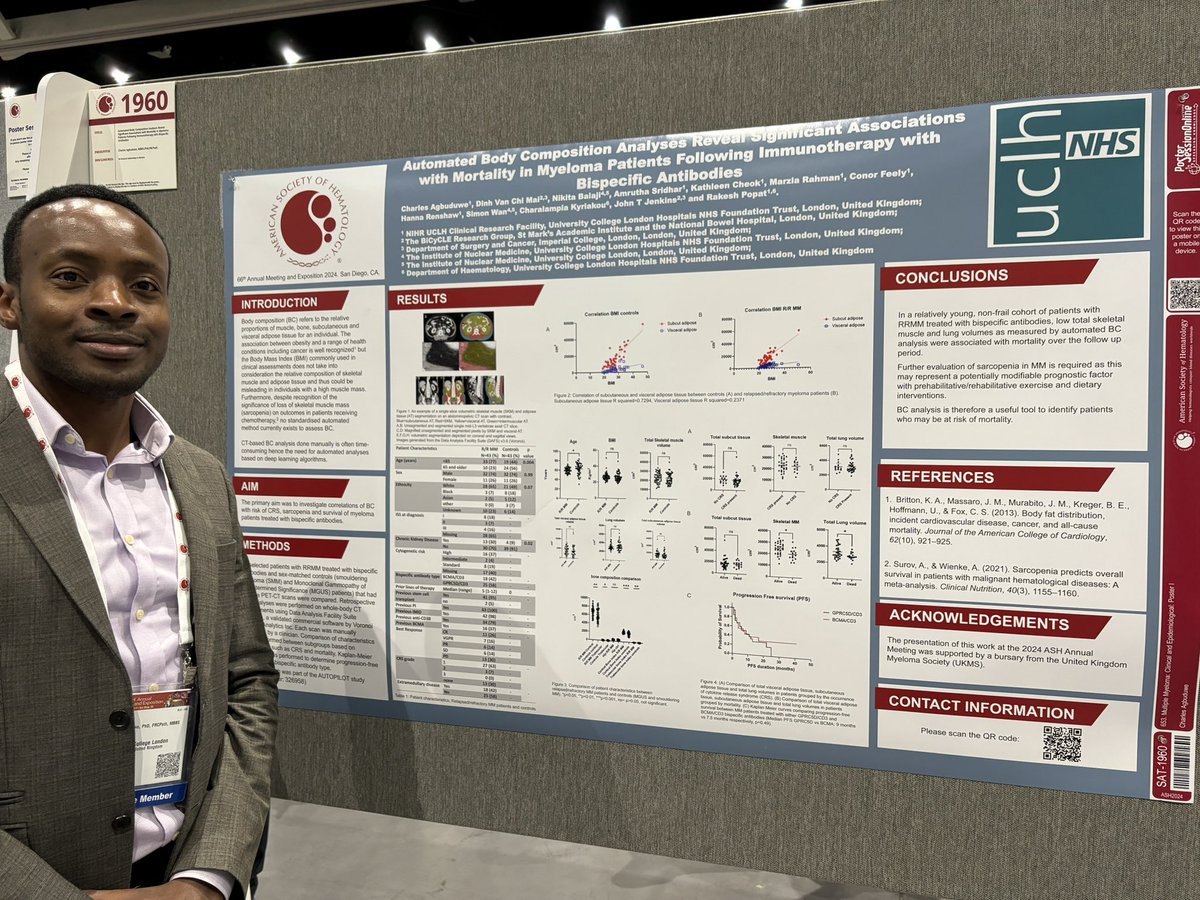 Our data on whole body composition analysis showing low muscle mass and small lung volumes are associated with increased mortality with BCMA bispecifics. 

Congratulations to our outstanding Fellow, Charles Agbuduwe and winner of <a href="/UKMyelomaSoc/">UK Myeloma Society</a> award. <a href="/uclh/">UCLH</a> #ASH24 #mmsm