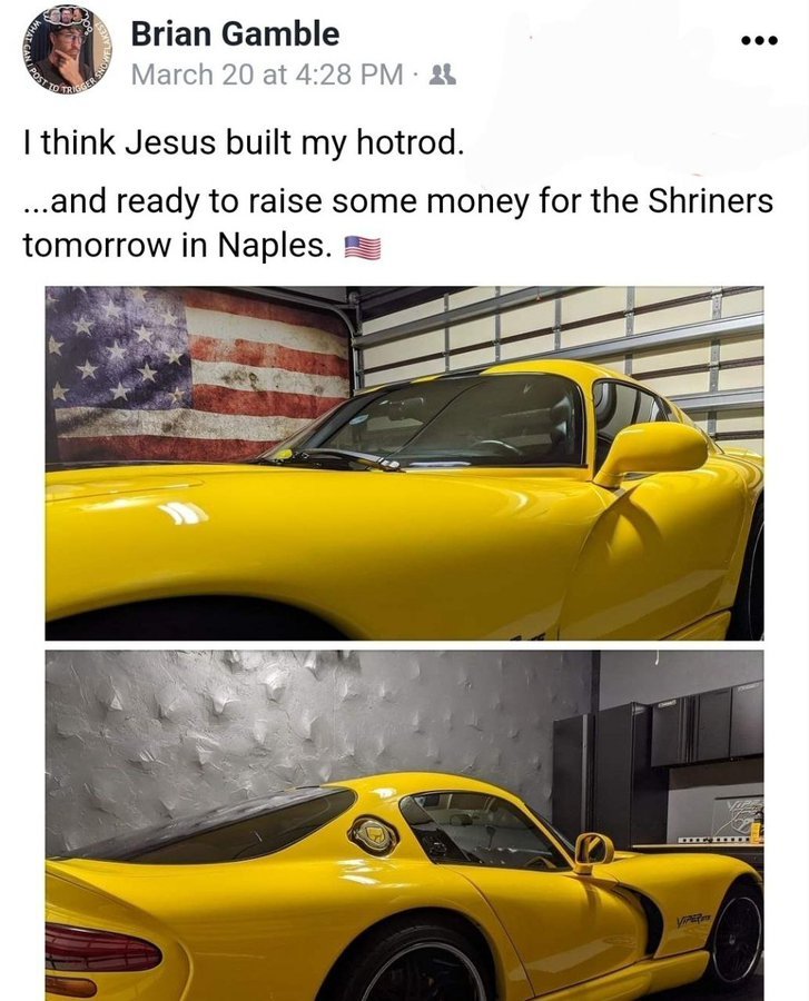 MaraTime17's tweet photo. @BiggerTruth @Emerald1745 @briangamble_v1 @PaulaCBlades17 @PugnaciousMedia @Jeremibullfrog2 @annvandersteel @intheMatrixxx @TishaLee777 Don't worry guys Gamble is a born again Christian too because Jesus MUST have built his hot rod! Oh and don't forget to donate to the RICO prosecuted traffickers!
#MaterialThings #Priorities #Shriners #Freemasons #Merica https://t.co/ZOC6yDYCHf