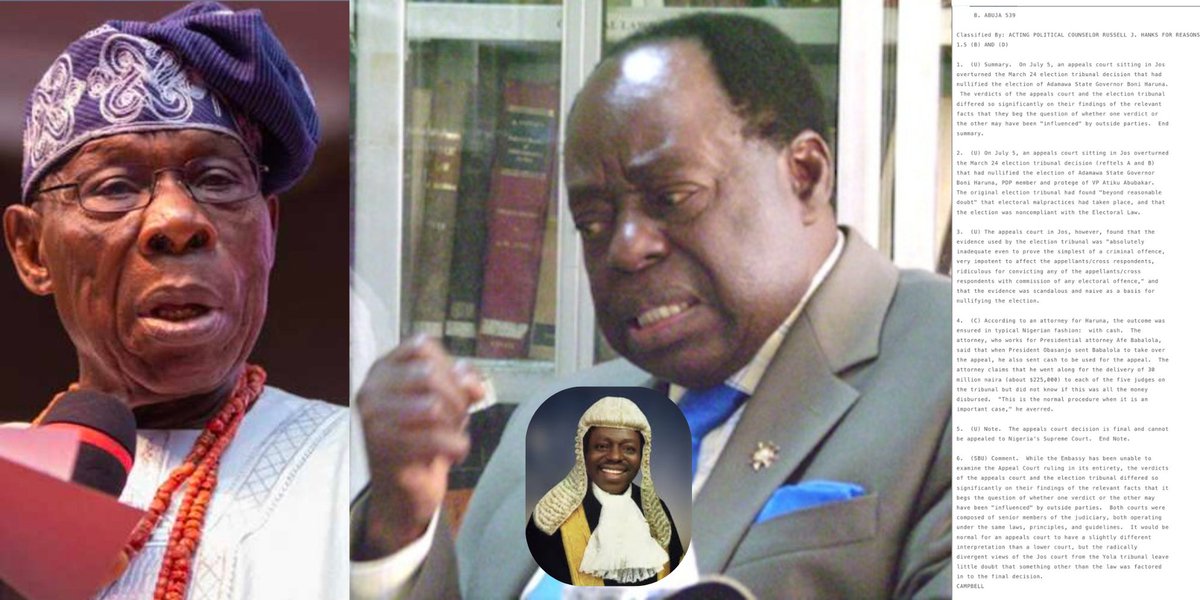 SaharaReporters's tweet photo. Wikileaks Cable Exposes How Afe Babalola, Ex-President Obasanjo Allegedly Bought Nigerian Court Of Appeal Ruling With N30million Cash In 2004 | Sahara Reporters https://t.co/QyL7ADMQS1 https://t.co/anopzNY8uQ