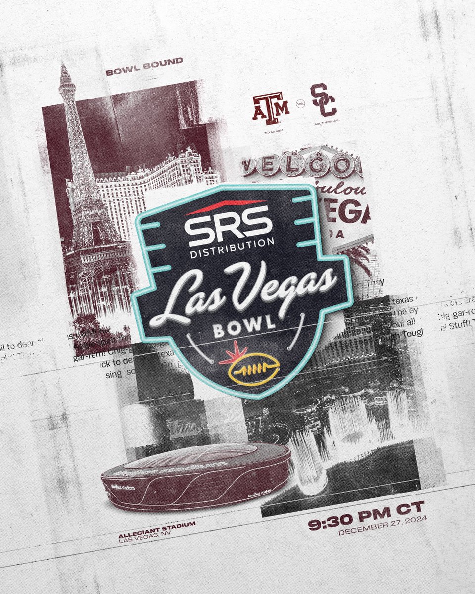 AggieFootball's tweet photo. The Aggies are headed to Vegas 👍

🆚 USC
🗓️ Fri., Dec. 27
⏰ 9:30 PM CT
🏟️ Allegiant Stadium
📺 @espn 

#GigEm | @LasVegasBowl | #LVBowl https://t.co/j7jF75Hq8C