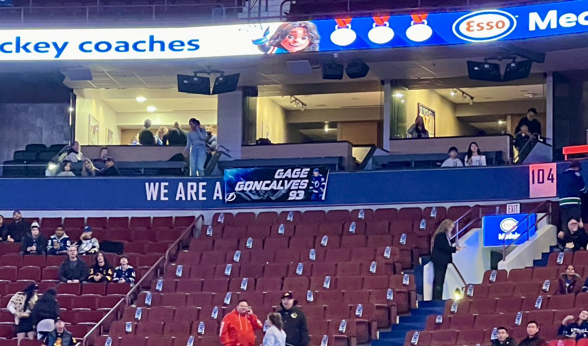 Gabby_Shirley_'s tweet photo. Gage Goncalves is HOME 🤍 

He was raised in Mission, British Columbia, which is about one hour east of this arena. He tells me he has between 40 and 60 family members and friends in the stands tonight including his parents and his older sister. 

I am told they have a *banner* with them … can you find it !?!