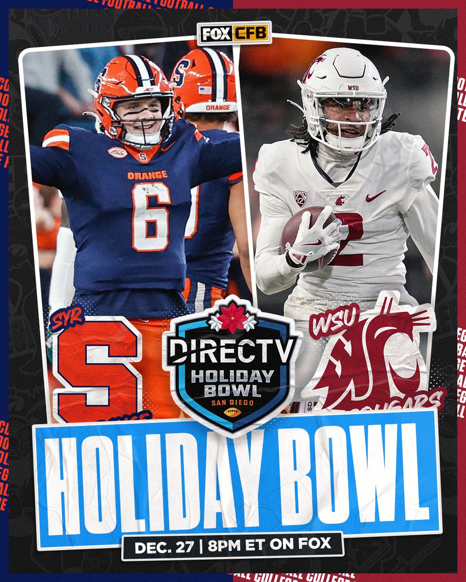 FOX College Football (@cfbonfox) on Twitter photo The DIRECTV Holiday Bowl matchup is officially set ๐๐๏ธ
Who will come out on top when <a href="/CuseFootball/">Syracuse Football</a> and <a href="/WSUCougarFB/">Washington State Football</a> face off in San Diego? ๐ The DIRECTV Holiday Bowl matchup is officially set ๐๐๏ธ
Who will come out on top when <a href="/CuseFootball/">Syracuse Football</a> and <a href="/WSUCougarFB/">Washington State Football</a> face off in San Diego? ๐
