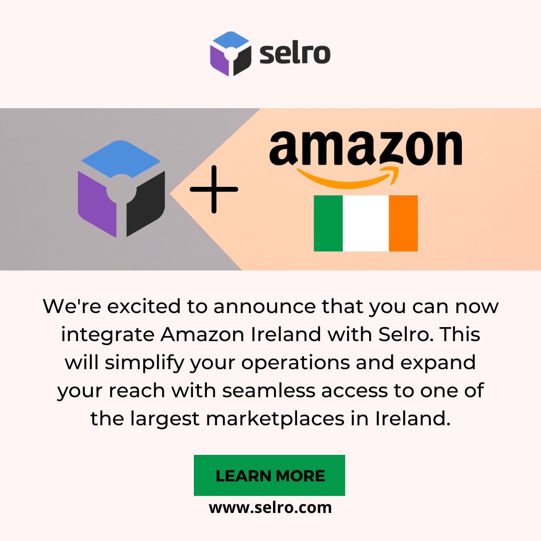 We’re thrilled to announce our latest integration with #AmazonIreland! 🇮🇪

Expand into Ireland - start today and take your #ecommercebusiness to the next level! 👉 Click here to learn more: selro.com.
#SelroIntegration #AmazonIreland #EcommerceGrowth #SellEverywhere