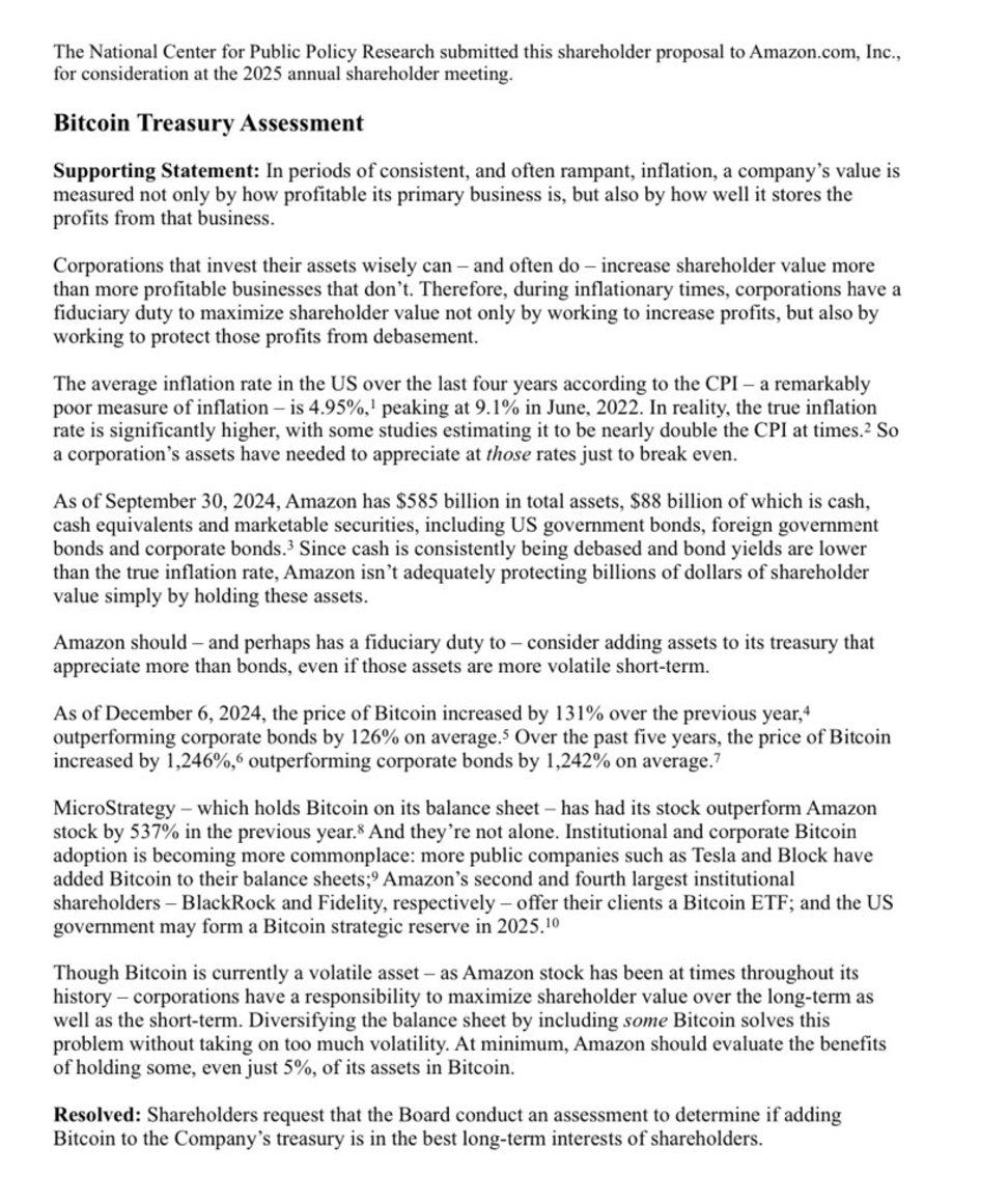 NEW: Amazon shareholder, The National Center for Public Policy Research,  submits proposal for Amazon to adopt #Bitcoin as a treasury reserve asset.