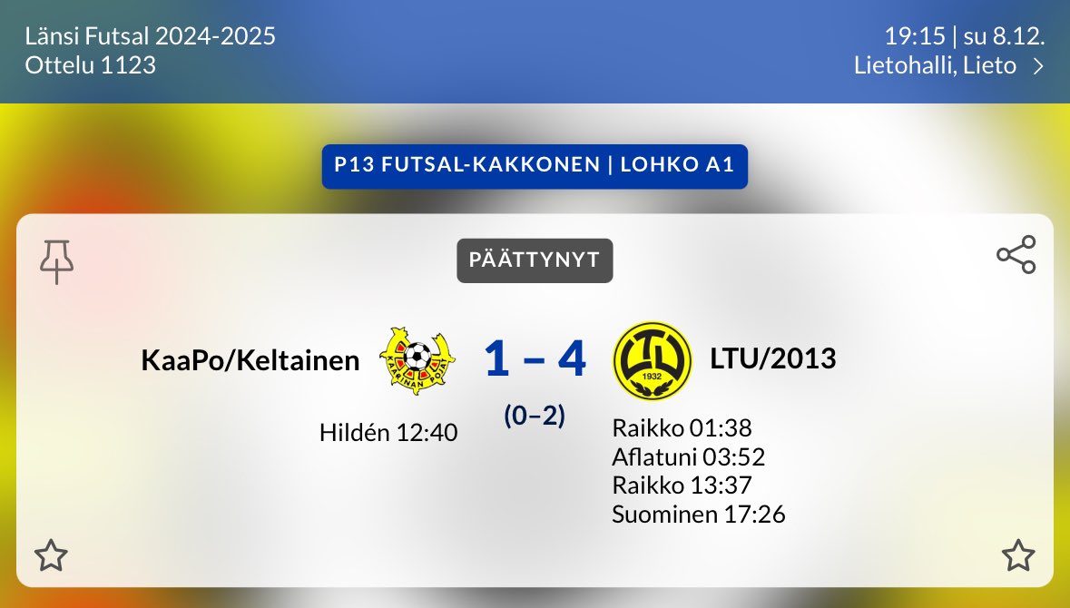P13 Futsal Kakkonen:

LTU 2013 - FC RP/RaiFu YJ 2 6-0 (3-0)

Kaapo Raikko ⚽️⚽️⚽️🎩

tulospalvelu.palloliitto.fi/match/3709976/…

KaaPo keltainen - LTU 2013 1-4 (0-2)

tulospalvelu.palloliitto.fi/match/3709978/…