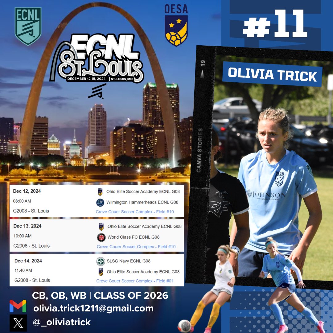 Olivia Trick 2026 (@_oliviatrick) on Twitter photo T-4 days until we kick off #ECNLSTL ‼️Come out and watch our Ohio Elite U17 ECNL Team! <a href="/ImYouthSoccer/">ECNL/GA/Recruiting/College Soccer</a> <a href="/ohioelite/">Ohio Elite Soccer Academy</a> <a href="/ECNLgirls/">ECNL Girls</a> <a href="/ECNLOhioValley/">ECNL Ohio Valley Conference</a> <a href="/G2CollegeSoccer/">Go 2 College Soccer</a> <a href="/SSN_NCAASoccer/">Sidelines - College Soccer</a> T-4 days until we kick off #ECNLSTL ‼️Come out and watch our Ohio Elite U17 ECNL Team! <a href="/ImYouthSoccer/">ECNL/GA/Recruiting/College Soccer</a> <a href="/ohioelite/">Ohio Elite Soccer Academy</a> <a href="/ECNLgirls/">ECNL Girls</a> <a href="/ECNLOhioValley/">ECNL Ohio Valley Conference</a> <a href="/G2CollegeSoccer/">Go 2 College Soccer</a> <a href="/SSN_NCAASoccer/">Sidelines - College Soccer</a>