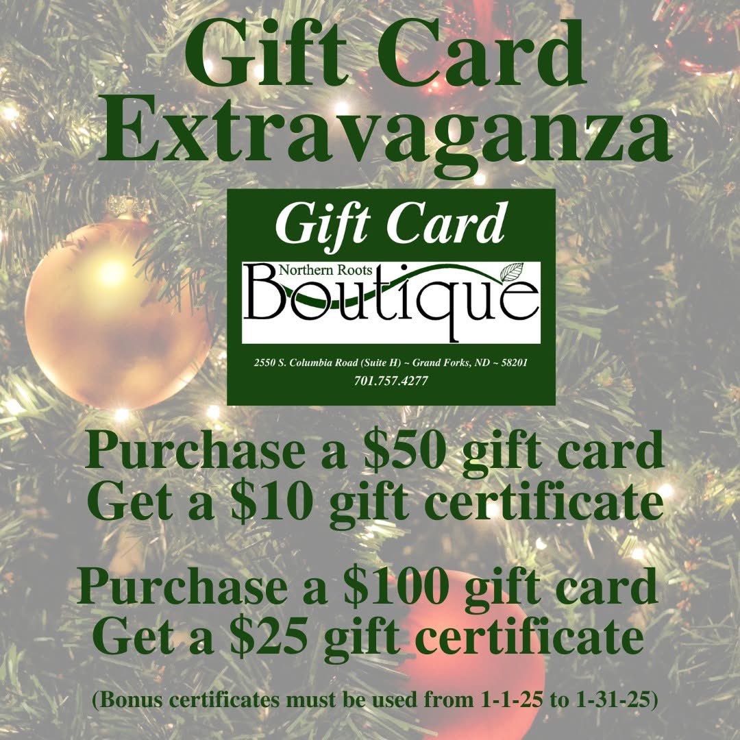 🎁 Holiday Gift Card Bonus!

🎄 For every $50 gift card purchased, get a **$10 bonus card** and for every $100 gift card purchased, get a **$25 bonus card** to use after the holidays!  🎅🏻 #shopNRB #shoplocal #shopsmall