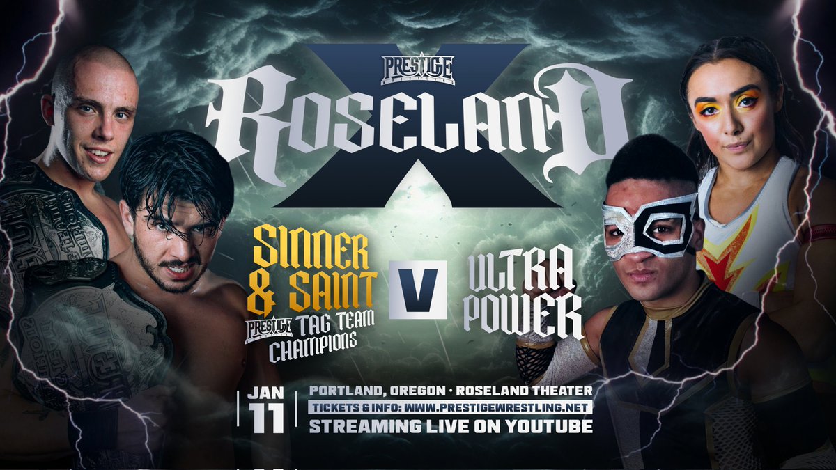WrestlePrestige's tweet photo. ***If Sinner & Saint get disqualified or anyone interferes on their behalf they will forfeit the Prestige Tag Team Championships***
Sinner & Saint defend against UltraPOWER at #PrestigeRoseland X!
January 11th, streaming live on YouTube at 7:00 PM pacific time! https://t.co/sw6ccsMM3L
