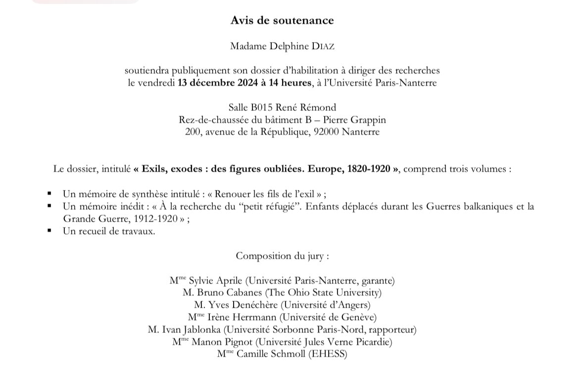 Antonin Cavelier (@cavelierantonin) on Twitter photo Delphine Diaz soutiendra ce 13 décembre son dossier d’habilitation à diriger des recherches en histoire <a href="/UParisNanterre/">Université Paris Nanterre</a>:
« Exils, exodes : des figures oubliées. Europe, 1820-1920 »
Garante : Sylvie Aprile Delphine Diaz soutiendra ce 13 décembre son dossier d’habilitation à diriger des recherches en histoire <a href="/UParisNanterre/">Université Paris Nanterre</a>:
« Exils, exodes : des figures oubliées. Europe, 1820-1920 »
Garante : Sylvie Aprile