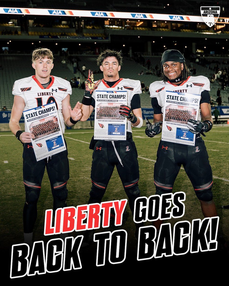 arizonaftbl's tweet photo. Liberty goes BACK 2 BACK as the Open Divison State Champions!! 🏆

The Lions have won 24 straight games against AZ opponents! 👀💍
@LibertyFBLions https://t.co/Ybgf5OwgmZ