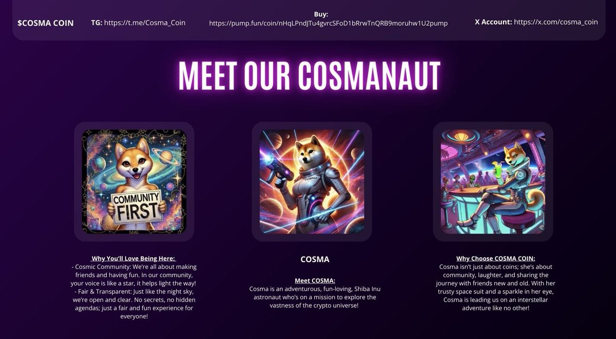 Cosma9861's tweet photo. @GG1nvestments $COSMA coin has potential!! Launched on pumpfun almost 2 weeks ago… been growing a base community!
Slow cooking but will be worth it! This cosmic gal will be amazing 🤩 

https://t.co/a6f09oG5so https://t.co/2wxnYykPaE
