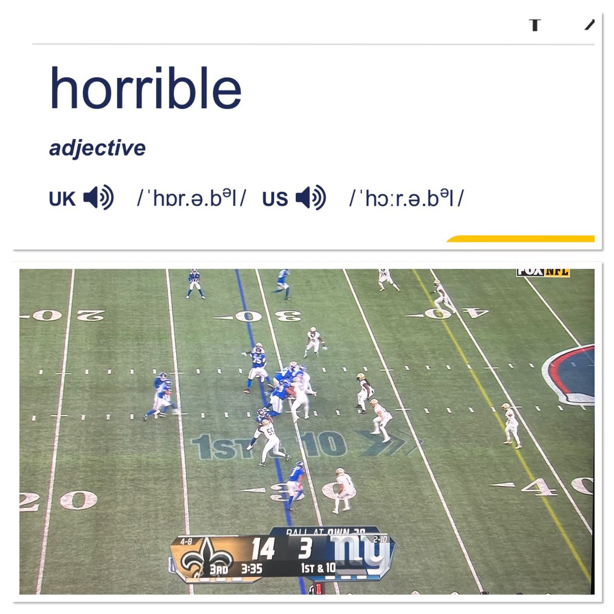 stuartcondy's tweet photo. When you look up the New York Giants in the dictionary. 

This stinks!! 

#newyorkgiants #nfl https://t.co/vOPBojp3VX