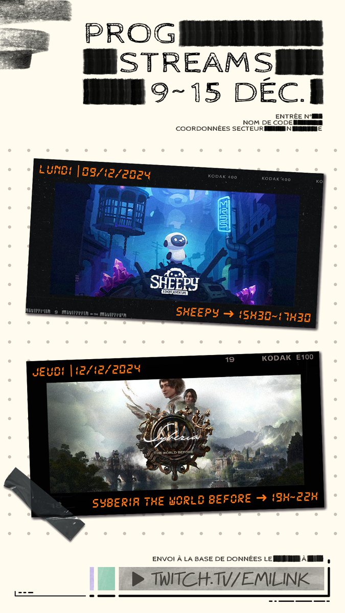 EmilieSovran's tweet photo. Programme des streams | Semaine du 09 ~ 15 décembre ↴

• Lundi 09 décembre ➜ Sheepy - A Short Adventure de 15h30 à 17h30

• Jeudi 12 décembre ➜ Syberia - The World Before de 19h à 22h

https://t.co/rab5i5w6cn https://t.co/CN5kefsHMf