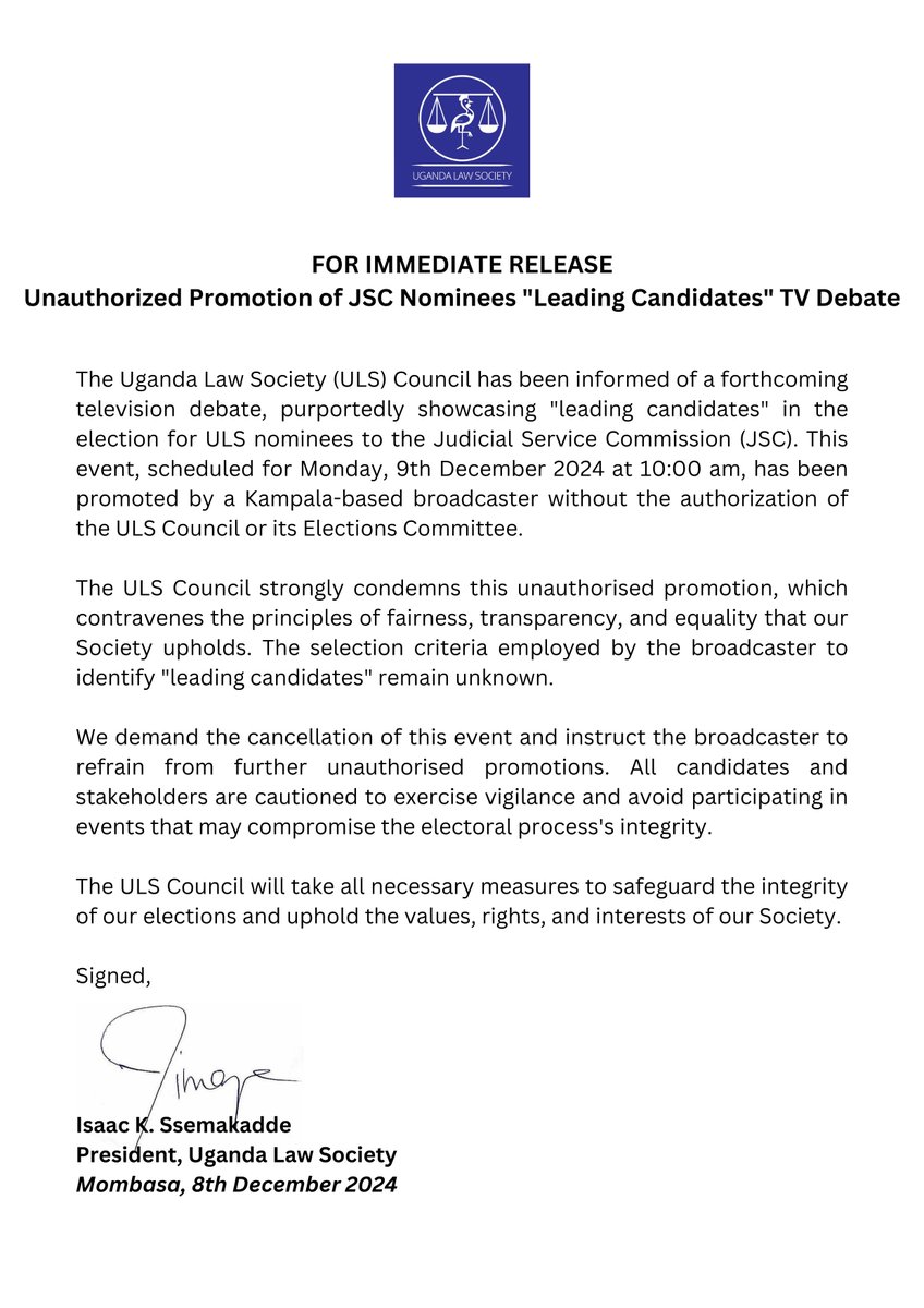 ug_lawsociety's tweet photo. ATTENTION: NO PROMOTION OF @JSCUganda NOMINEES VIA ANY TV DEBATE WITHOUT AUTHORIZATION OF THE COUNCIL OR OUR ELECTIONS COMMITTEE!

CANDIDATES AND MEDIA HOUSES SHOULD STAND WARNED.

Read our full directive . . . 👇