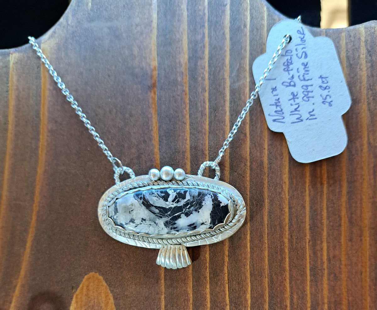 Natural White Buffalo necklace in Fine Silver with Sterling accents and chain.