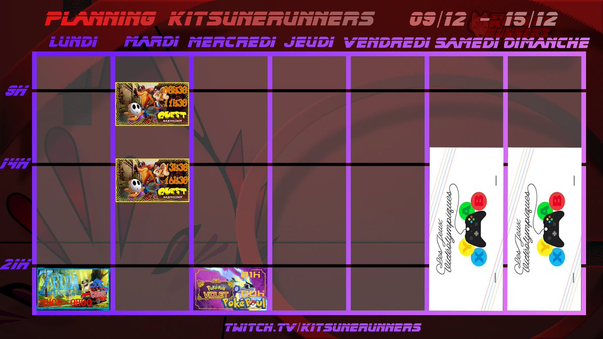 KitsuneRunners's tweet photo. et voici notre planning pour la semaine du 09 au 15 décembre.
Soyez tous la pour notre 2ème éditions des vidéolympiques!
Viendez nombreux sur https://t.co/zZoD9rSVkZ https://t.co/MfuM4fucSq