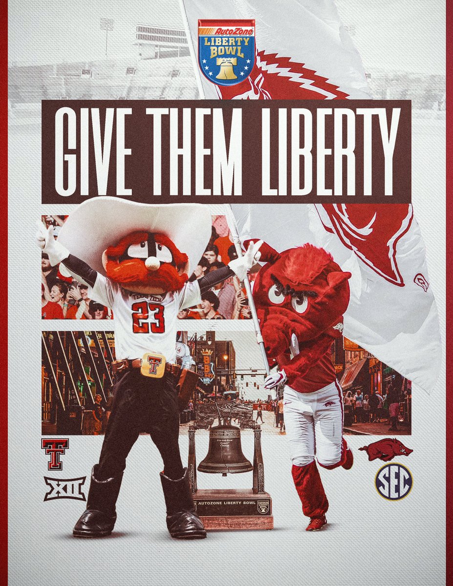 AZOLibertyBowl's tweet photo. THE MATCHUP IS SET: @TexasTechFB will play @RazorbackFB in the 66th @AutoZone Liberty Bowl on December 27! #AZLB66 #WreckEm #WPS

🎟 Tickets 👉 https://t.co/gAwlqBKoQo https://t.co/br1CTudhd1