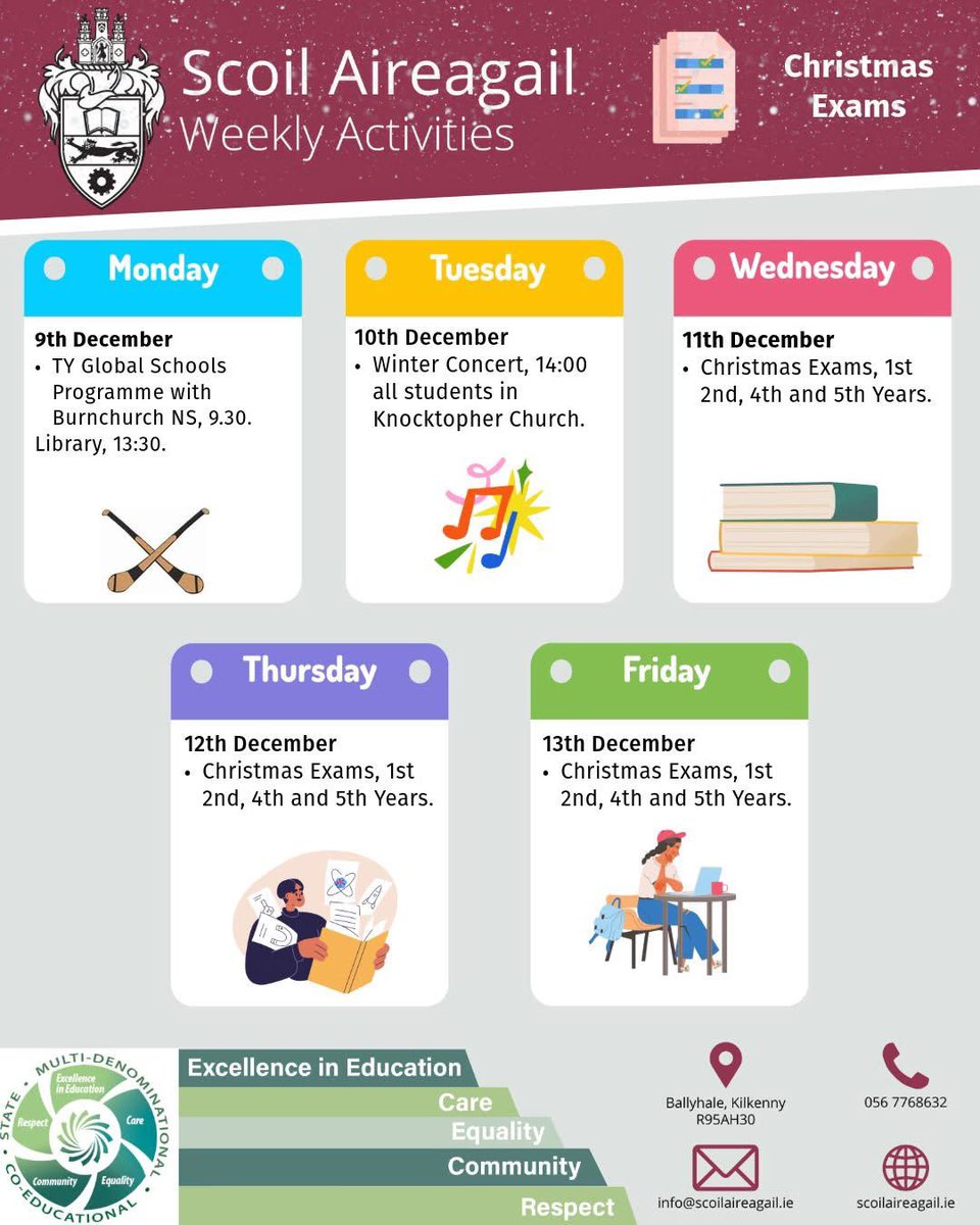 Scoil Aireagail (@scoil_aireagail) on Twitter photo πβ¨ Another busy and exciting week ahead at Scoil Aireagail!
π
Monday - TY students kick off the week with the Global Schools Programme ππ
πΆ Tuesday - Winter Concert at Knocktopher Church at 14:00 π΅π€
π Wednesday-Friday - Christmas Exams for 1st, 2nd, 4th, and 5th Years βοΈ πβ¨ Another busy and exciting week ahead at Scoil Aireagail!
π
Monday - TY students kick off the week with the Global Schools Programme ππ
πΆ Tuesday - Winter Concert at Knocktopher Church at 14:00 π΅π€
π Wednesday-Friday - Christmas Exams for 1st, 2nd, 4th, and 5th Years βοΈ