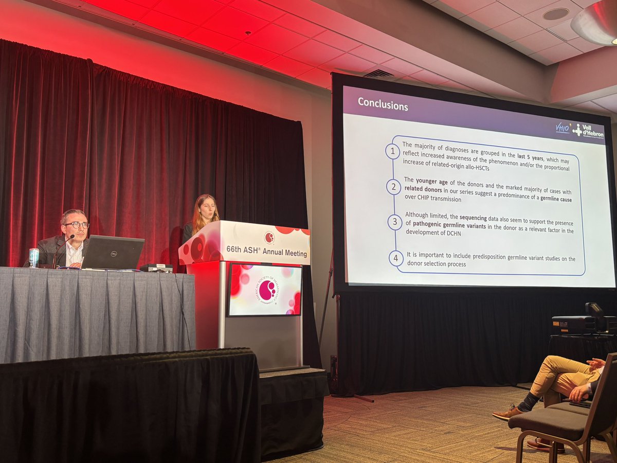 Excellent talk at #ASH24 by @mgabarros on donor cell-derived hematologic neoplasms. Pathogenic germline variants in the donor are a significant factor in DCHN development. Very proud of you, my friend! ✨ #Hematology #DCHN
