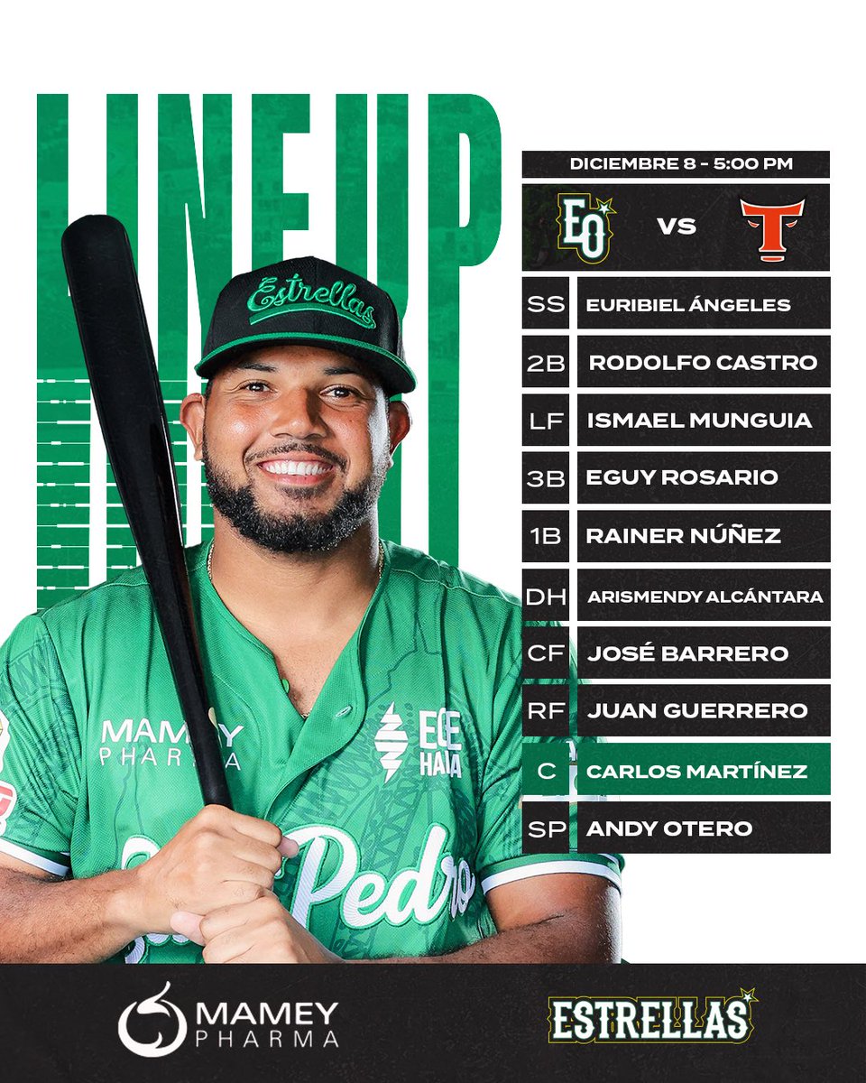 EOBASEBALLCLUB's tweet photo. Estos son los elegidos para brillar hoy en el terreno 🌟⚾. Una alineación lista para demostrar por qué seguimos en la cima 💚🔥. ¡Con este equipo no hay quien pueda! 💪 #VamosEstrellas #FuerzaVerde https://t.co/ZS38ysvgW2
