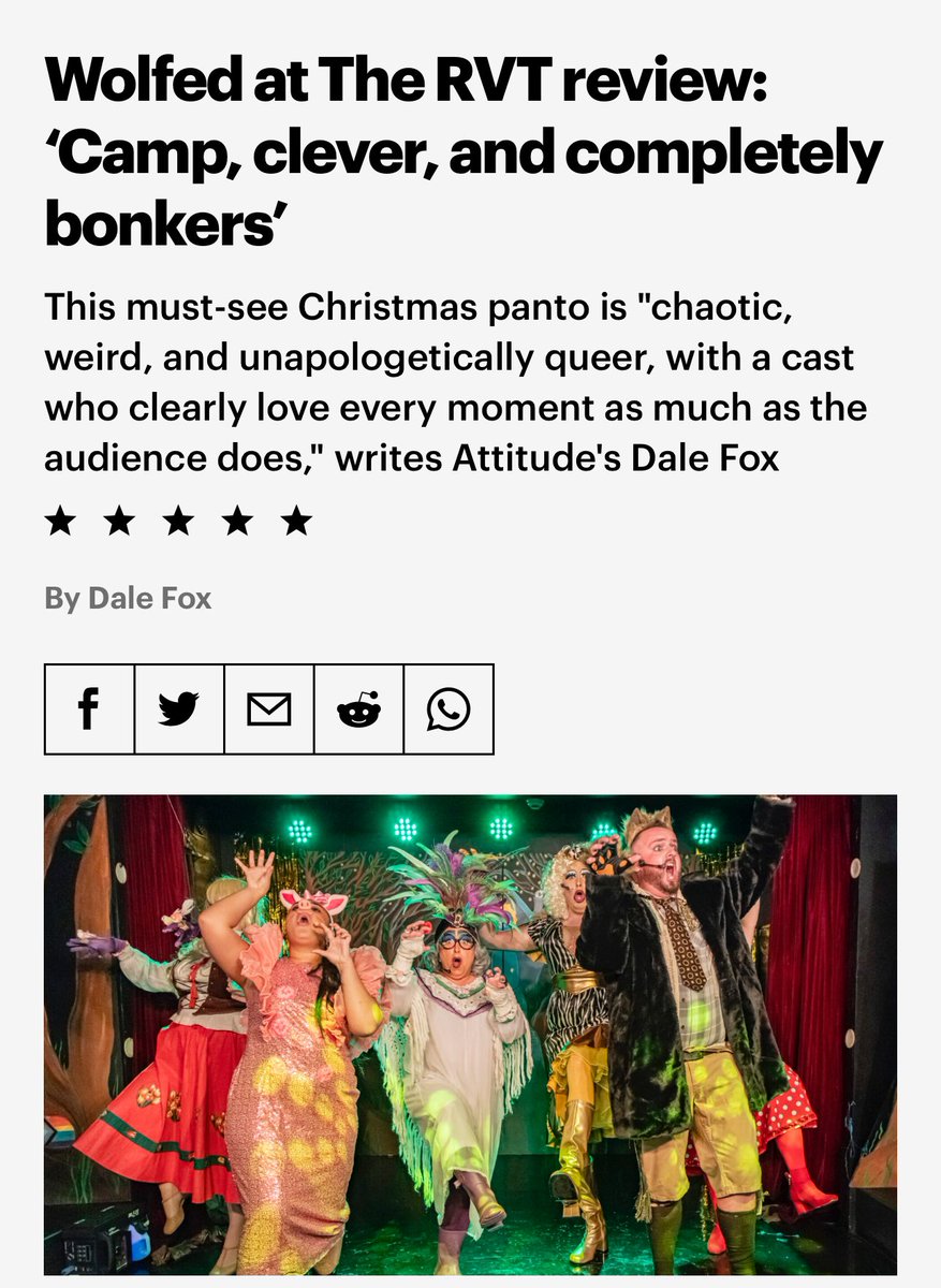 ⭐️⭐️⭐️⭐️⭐️ (count em, FIVE STARS) for WOLFED from <a href="/AttitudeMag/">Attitude Magazine</a>.

“Everything you could want from a pantomime and more. Chaotic, weird, and unapologetically queer, with a cast who clearly love every moment as much as the audience does”

(Link to full review in comments)

#RVTPanto