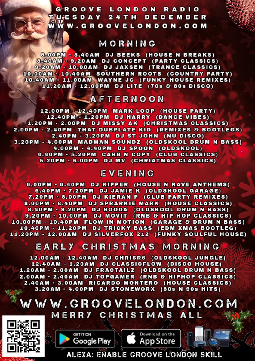 ￼Tuesday, the 24th of December
Groovelondon Radio Christmas Eve party 
30 DJ is playing back to back 
groovelondon.com