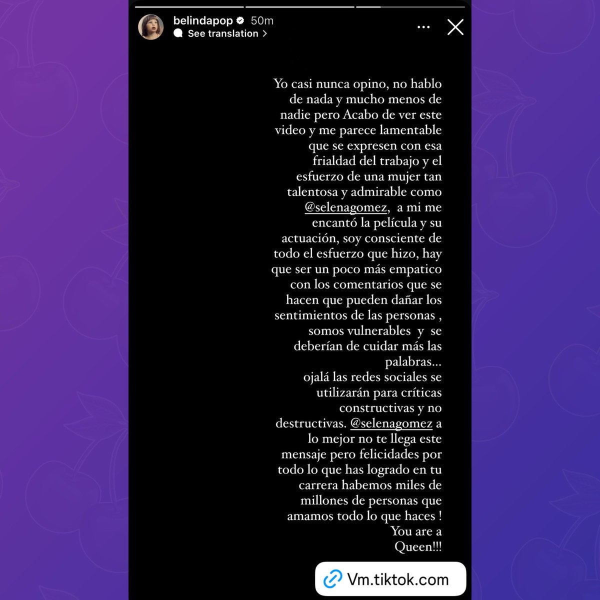 PopBase's tweet photo. Belinda shows support to Selena Gomez after Eugenio Derbez’s comments criticizing her performance in ‘Emilia Pérez’:

“It’s unfortunate that such coldness is expressed about the work and effort of a woman so talented and admirable like Selena, I loved the movie and her acting” https://t.co/UZ4gfxONgP