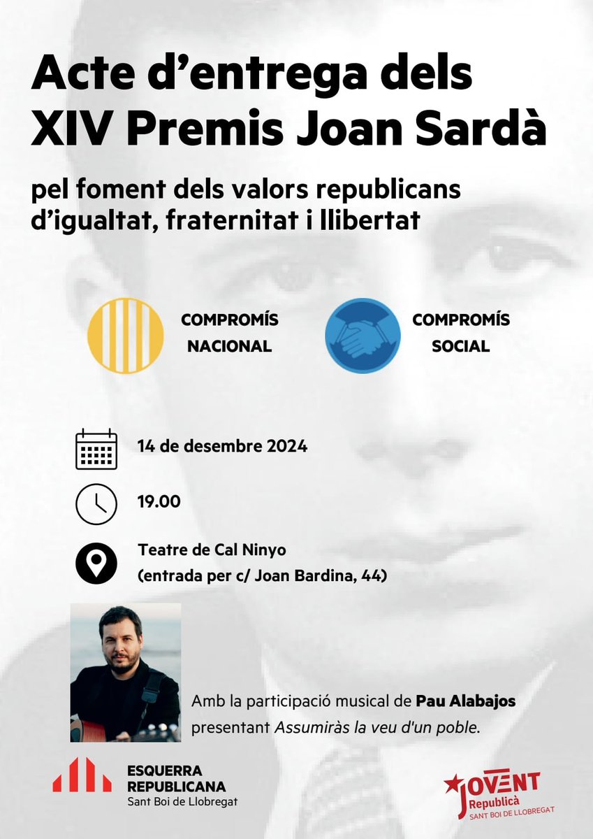 esquerrasantboi's tweet photo. Ja ho tenim a tocar! 🙂
I és un plaer convidar-vos a tots/es a l'acte d'entrega dels:

XIV Premis Joan Sardà al Compromís Nacional i Social

👉🏼 14/12, 19.00, Teatre de Cal Ninyo

Una cerimònia molt emotiva que, a més, quedarà engalanada amb la música i la poesia de @PauAlabajos. https://t.co/EhAvo8yVeq