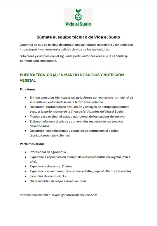 jorgeachata's tweet photo. #Oportunidad para agrónomos! Buscamos talento y actitud, alguien que se una a nuestro equipo y empuje la vanguardia en fertilización sostenible.

Recibimos postulaciones en investigacion@vidaalsuelo.com

#ChambaSiHay https://t.co/XwlHTCdmyx