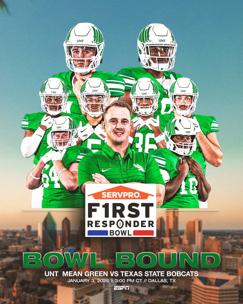 The Mean Green are headed to the SERVPRO First Responder Bowl!

📰: northtex.as/25FRBowl

#GMG🦅 | #BTB