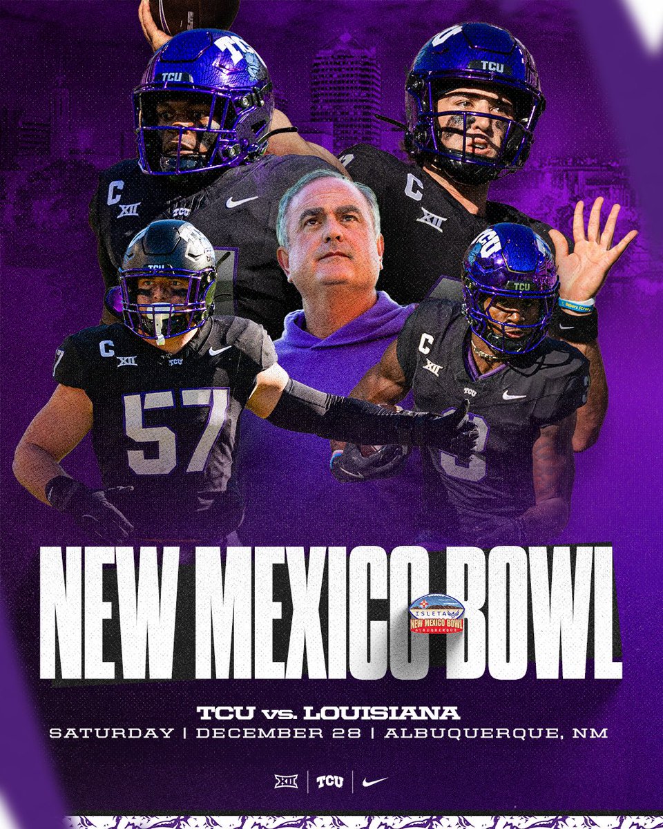 The Horned Frogs will face Louisiana in the New Mexico Bowl on Dec. 28th in Albuquerque, NM

#GoFrogs | #BleedPurple
