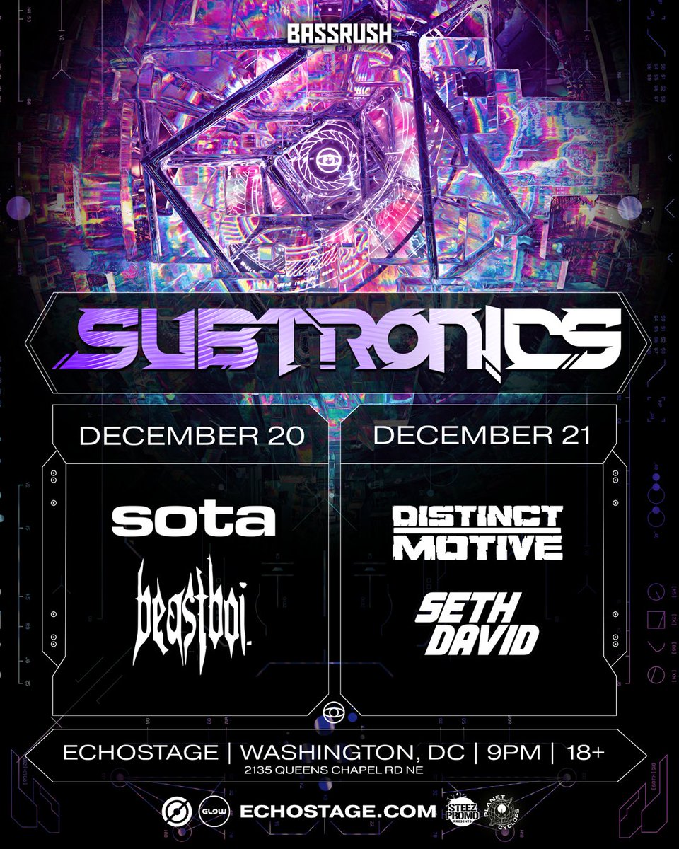 ClubGlow's tweet photo. NEXT WEEK. @Subtronics returns to #Echostage with a massive double header on Friday, 12/20 & Saturday, 12/21. ๐
Support:
12/20: @sotadnb & @beastboisucks
12/21: @DistinctMotive & @iamsethdavid
You wonโt want to miss this one, tickets & tables โ https://t.co/YIuKsHfUDk https://t.co/oSYw9BlrkU