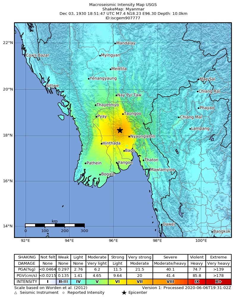 raspishake's tweet photo. This week in #earthquake history: the 1930 M7.3 #Pyu earthquake in current Myanmar.

In the area of the #Sagaing fault, this event had a Modified Mercalli intensity value of VII-IX. It was felt in #Bangkok, #Thailand, more than 650km (400mi) away. ➡️ https://t.co/5uxgZnqwOW https://t.co/xT2Wgo0eaT