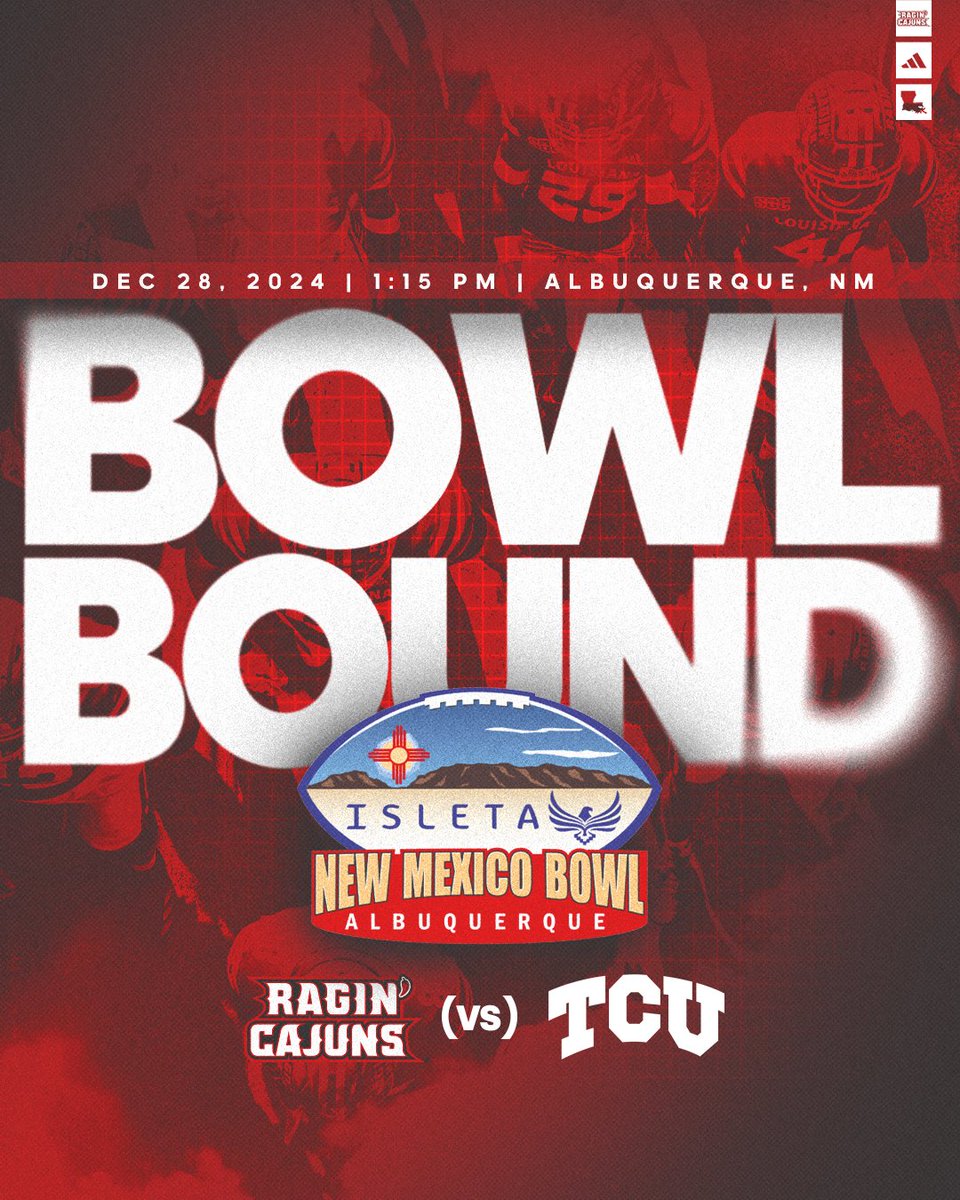 The #cULture is headed to the Land of Enchantment for the 19th annual Isleta New Mexico Bowl!

🆚 TCU
📅 12.28.24
📍 Albuquerque, NM

#GeauxCajuns | #BowlSeason
