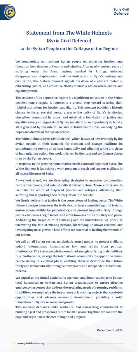 Statement from The White Helmets (Syria Civil Defence) to the Syrian People on the Collapse of the Regime
Read the statement here: whitehelmets.org/index.php/node…
#WhiteHelmets #Syria