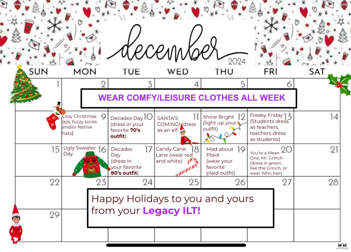 Legacy Middle School (@legacyecisd) on Twitter photo Winter Dress Out Days Begin TOMORROW!! Be sure to check the calendar so you can participate daily!! First up, festive hat, fuzzy socks or pjs! <a href="/ECISDtweets/">East Central ISD</a> <a href="/Barbela9/">Dr. Lori Barber</a> Winter Dress Out Days Begin TOMORROW!! Be sure to check the calendar so you can participate daily!! First up, festive hat, fuzzy socks or pjs! <a href="/ECISDtweets/">East Central ISD</a> <a href="/Barbela9/">Dr. Lori Barber</a>
