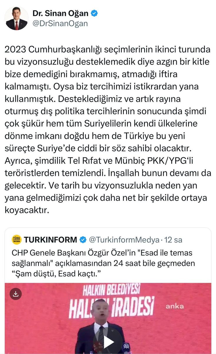 Sinan Oğan:

▪️Destek verdiği Cumhur İttifakı sayesinde bugün hem Suriyelilerin ülkelerine dönüğünü,  hem de Türkiye'nin bu süreçte Suriye'de ciddi bir söz sahibi olacağını ifade etti.