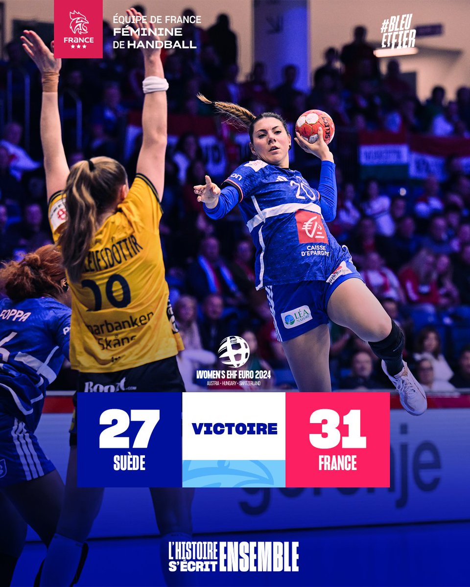 FRAHandball's tweet photo. VICTOIRE ! 🇸🇪27-31🇫🇷
LES BLEUES IRONT À VIENNE !
Direction la demi-finale pour l'équipe de France ! 
Dernier match du tour principal mardi à 18h00 face à la Hongrie 🇫🇷⚡🇭🇺
#BleuetFier https://t.co/e1rrvd4owC